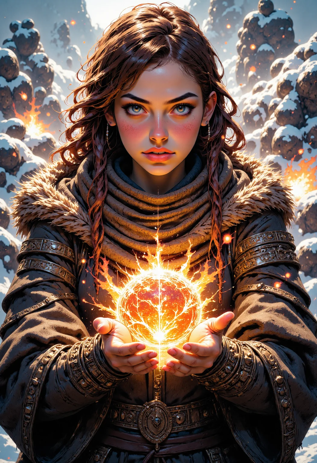In this breathtaking, cinematic image, a striking young woman, her long, curly brown hair wild and unkempt, stands amidst a snowy battlefield, her piercing green eyes ablaze with intensity. She wears a luxurious, brown fur cloak, intricately adorned with silver brooches, cinched at the waist with a sturdy leather belt. Her gaze is fixed intently on a glowing, fiery orb, which she cradles in her outstretched hand. As she raises her palm, the orb erupts into a blaze of fiery sparks, casting a warm, golden light across the frozen landscape. Snowflakes dance around her, their delicate forms illuminated by the fiery glow. The woman's face is set in a determined expression, her full lips pressed into a firm line. The camera angle is a close-up, capturing the woman's face and the fiery orb in intimate detail. The lighting is soft and golden, with the fiery sparks casting a warm, orange glow across the scene. The style is reminiscent of a fantasy film, with a sense of epic scope and adventure. The woman's attire and the fiery orb suggest a world of magic and wonder, where the boundaries between reality and myth blur.<lora:CustomFlux/MysticComic.safetensors:1.0:1.0>