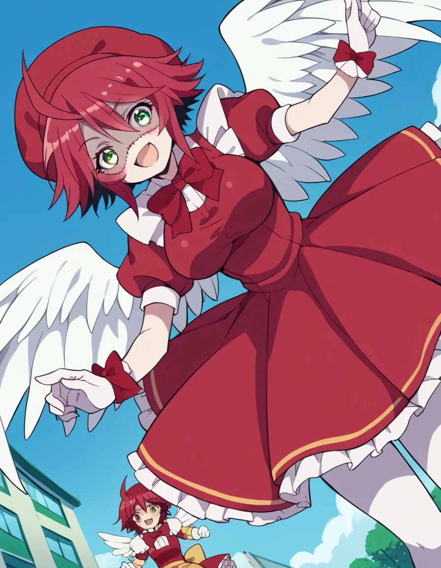 score_9, score_8_up, score_7_up, source_anime, <lora:zombina-s1-ponyxl-lora-nochekaiser:1>, zombina, short hair, large breasts, green eyes, yellow eyes, ahoge, red hair, heterochromia, stitches, zombie, patchwork skin, <lora:sakura-kinomoto-cosplay-ponyxl-lora-nochekaiser:1>, sakurakinomotocosplay, kinomoto sakura (cosplay), bow, bowtie, dress, gloves, hat, magical girl, pantyhose, petticoat, ppuffy short sleeves, puffy sleeves, red bow, red bowtie, red dress, red hat, short sleeves, white gloves, white pantyhose, white wings, wings,, outdoors, open mouth, blush, smile, flying, , dutch angle,