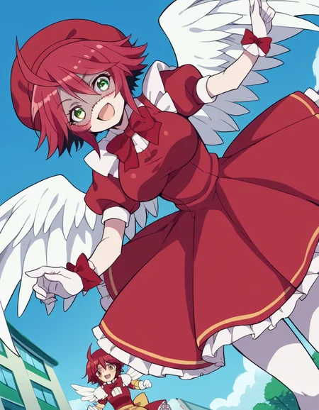 score_9, score_8_up, score_7_up, source_anime, <lora:zombina-s1-ponyxl-lora-nochekaiser:1>, zombina, short hair, large breasts, green eyes, yellow eyes, ahoge, red hair, heterochromia, stitches, zombie, patchwork skin, <lora:sakura-kinomoto-cosplay-ponyxl-lora-nochekaiser:1>, sakurakinomotocosplay, kinomoto sakura (cosplay), bow, bowtie, dress, gloves, hat, magical girl, pantyhose, petticoat, ppuffy short sleeves, puffy sleeves, red bow, red bowtie, red dress, red hat, short sleeves, white gloves, white pantyhose, white wings, wings,, outdoors, open mouth, blush, smile, flying, , dutch angle,