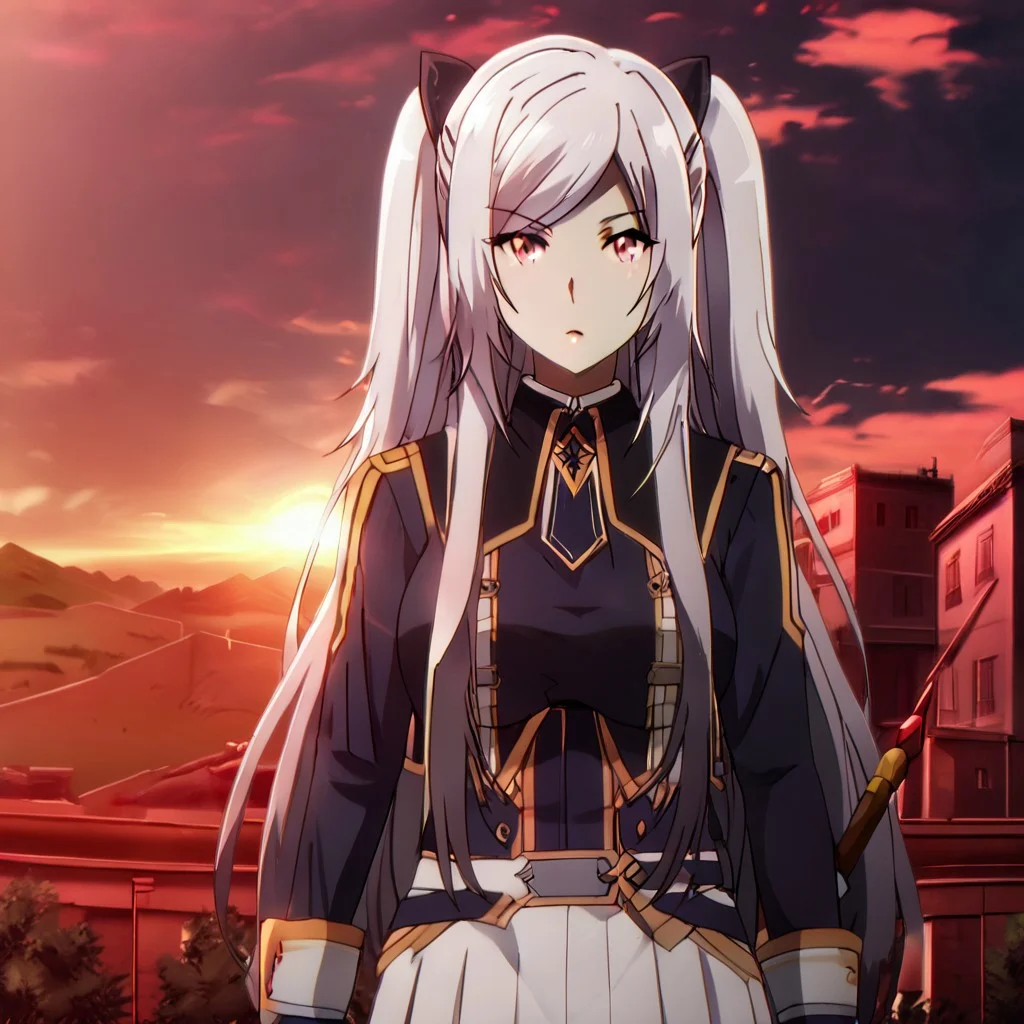 Black hair ribbon, gray hair, long hair, twintails, red eyes, large breasts, two side up, single hair bun, ponytail, wearing a shiny silver knight's armor with intricate engravings, holding a sword, standing on a battlefield at sunset, dark clouds in the sky, dramatic and intense atmosphere
