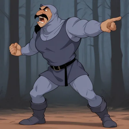 DukeIgthorn,  black eyes, goatee, mustache, mature male, muscular, pale blue bodysuit, long sleeves, hood up, blue tunic, black belt, pale blue leggings, boots, pointing, charge pose, dramatic, forest setting, best quality ,masterpiece, best quality, amazing quality, mustache, beard, shouting