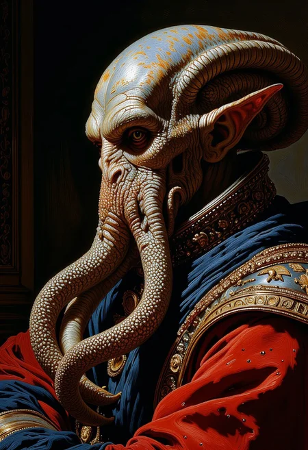 Rembrandt realistic oil painting, retro artstyle, score_9, score_8_up, score_7_up, 8k high quality digital painting, very detailed, ultra realistic, (best quality) very detailed masterpiece, close up portrait of an futuristic octopus-like alien creature in medieval environment, iridescent skin, red blue velvet, very dark background, baroque style, gold, marble, very dramatic lighting, much shadow, Rembrandt style, Vermeer style, low saturation, realistic realistic, realism, photo realistic oil painting, photo realistic painting