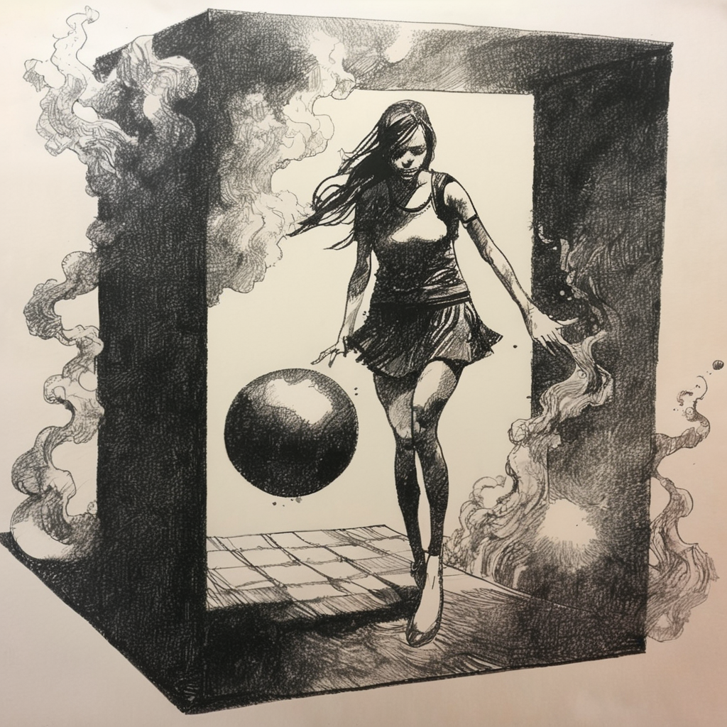 drawix20 girl locked in a magic cube with a ball of fire, very detailed, black ink <lora:drawix20:1>