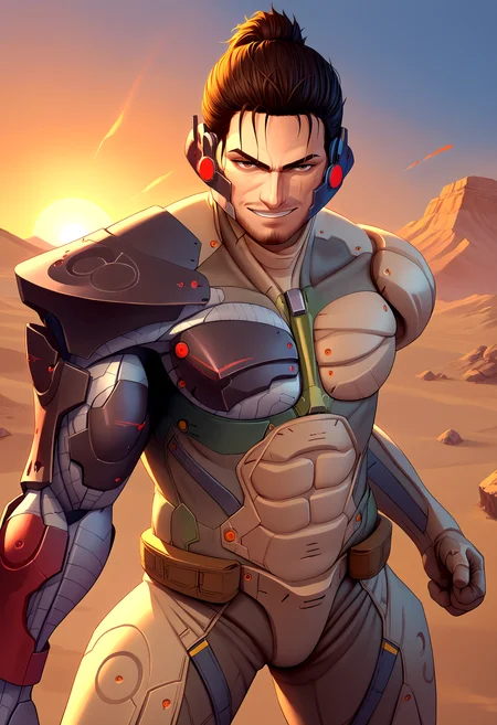 score_9, score_8_up, source_anime, 1boy, JetstreamSam, cyborg, bodysuit, beard, seductive smile, <lora:JetstreamSam_XLPD:1>, cowboy shot, outdoors, sunset, desert, arizona, fighting stance,