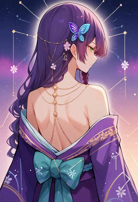 score_9, score_8_up, source_anime, 1girl, solo, FunadaKiito, green eyes, mole under eye, purple hair, long hair, side braid, hair ornament, aurora, back, bare back, bare shoulders, constellation, from behind, kimono, light particles, long sleeves, off shoulder, <lora:ChamFunadaKiitoPonyXL:1>