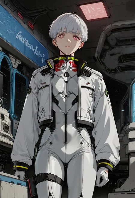 core_9, score_8_up, score_7_up, score_6_up, score_5_up, score_4_up,1 boy, short hair, 18 years old, albino, white hair, neon pink eyes, pale skin, golden collar, fitness boy, Diamond pattern, lightweight padded jacket, long sleeve, cropped padded jacket, coat, puffer and packable coats, tactical jacket, cyberpunk jacket, tacticalgear, Fashionable style, long sleeves, white bodysuit, latex bodysuit, eva 01 plug suit, white gloves, pistols holstered on their thighs, shiny clothes, science fiction, standing, artist name, cowboy shot, looking at viewer, low angle, background room, spaceship cabin, neon lights.