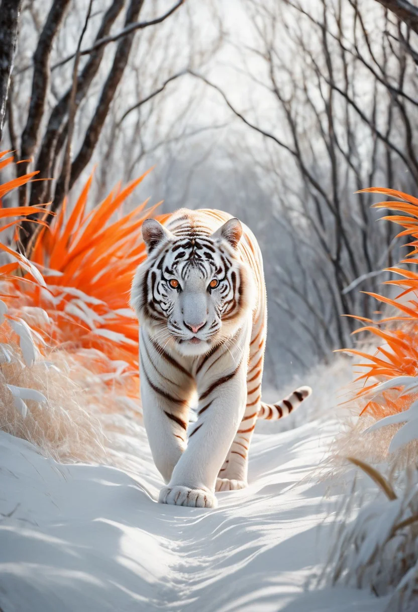 A mesmerizing magazine cover depicting a white tiger with glowing orange stripes, prowling through a stark white jungle. The vivid stripes stand out dramatically against the immaculate setting, adding a surreal and powerful element to the scene. Exotic and surrealistic animal photo, captured with a Canon EOS R5, RF 50mm f/1.2L USM lens.