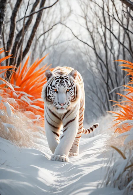 A mesmerizing magazine cover depicting a white tiger with glowing orange stripes, prowling through a stark white jungle. The vivid stripes stand out dramatically against the immaculate setting, adding a surreal and powerful element to the scene. Exotic and surrealistic animal photo, captured with a Canon EOS R5, RF 50mm f/1.2L USM lens.