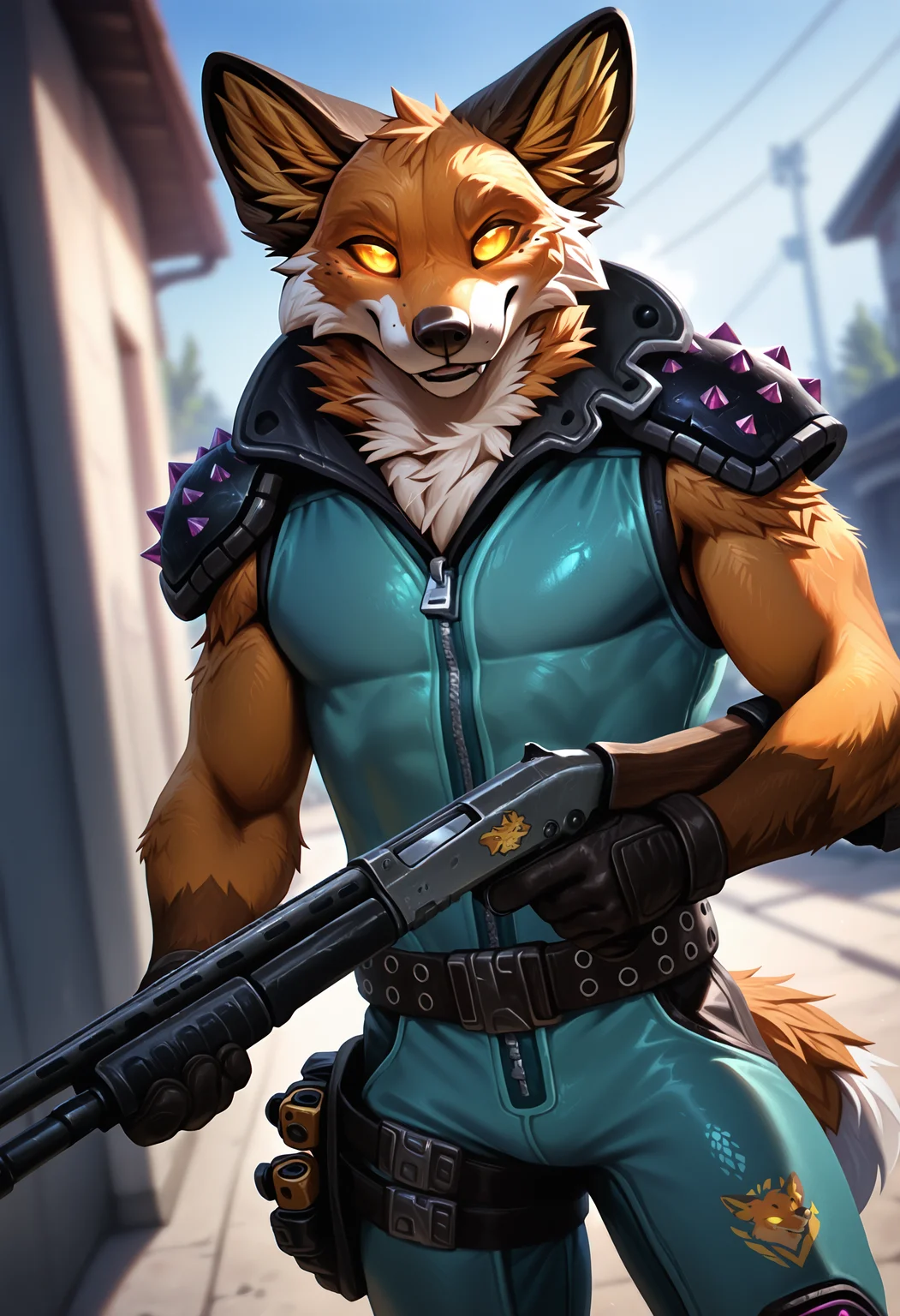 photorealism, photorealistic, chromatic aberration, depth of field, blurry background, detailed fur, looking at viewer, dutch angle, close up, (fennix:1.2), fortnite, male focus, solo, 1boy, holding weapon, holding shotgun, furry, anthro, clothes, colored sclera, shoulder armor, glowing eyes, (syuro:0.8), (nomax:0.5), (honovy:0.6), (kenket:0.6), (taran fiddler:0.6), masterpiece, best quality, amazing quality, very aesthetic, absurdres, newest, <lora:Fennix_Fortnite_Illustrious:1.0:1.0>,