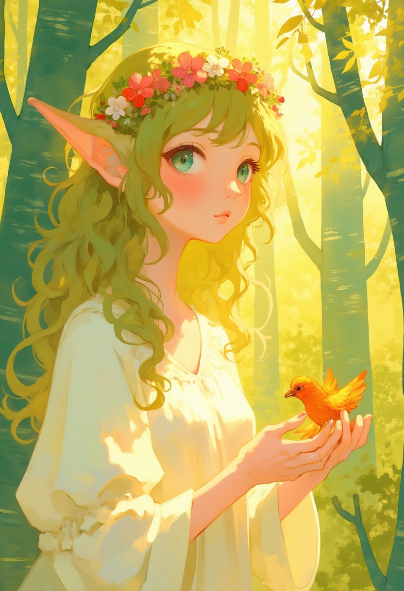 closeup of a beautiful elven princess. pointy elf ears, a little bird in her hands,wearing a flowercrown, stunning blue eyes, white silken dress. In an enchanted green forest,sun rays,soft pastel anime
