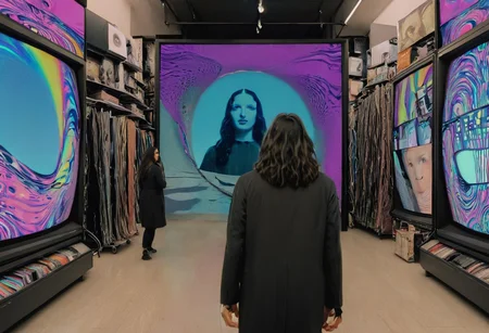 The Mona Lisa, displayed in the warped timelines of an enigmatic glitch spectre as he walks in paranoia through the busy streets of Tel Aviv