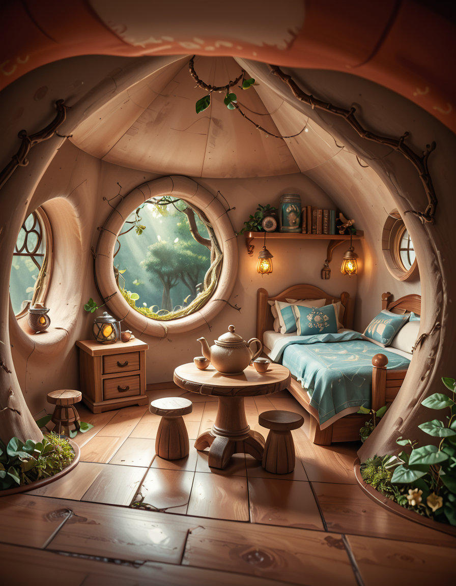 score_9, score_8_up, score_7_up,amazing quality, ultra realistic, 3D, HD, best quality, amazing quality, very aesthetic, absurdres
A highly detailed, realistic photograph of a tiny gnome house nestled at the base of an ancient oak tree, taken in soft morning light with a gentle mist hanging in the air. The house is crafted from natural materials: smooth stones form the lower walls, and curved wooden planks create a round, thatched roof with patches of moss and small wildflowers growing on top. Tiny circular windows with stained glass panels glow faintly from within, casting warm amber and green hues. A miniature wooden door with intricate carvings sits slightly ajar, surrounded by tiny lanterns that hang from delicate hooks, each softly glowing. Around the house, the forest floor is covered in dew-kissed clover, mushrooms of varying sizes and colors, and winding little cobblestone paths. In the background, tall ferns and oversized leaves tower, giving the scene an enchanted, hidden feel. Subtle rays of sunlight break through the canopy above, highlighting fine details with a dreamy, ethereal atmosphere. Hyper-realistic style, high-resolution, rich earthy tones, with an overall cozy and magical woodland vibe. No creatures or people, only nature and the charming architecture of the gnome's home.
<lora:SDXLFaeTastic2400:0.4> <lora:extremely_detailed:0.4> extremely detailed,tiny gnome h0us3 <lora:tiny_gnome_h0us3-p:1>