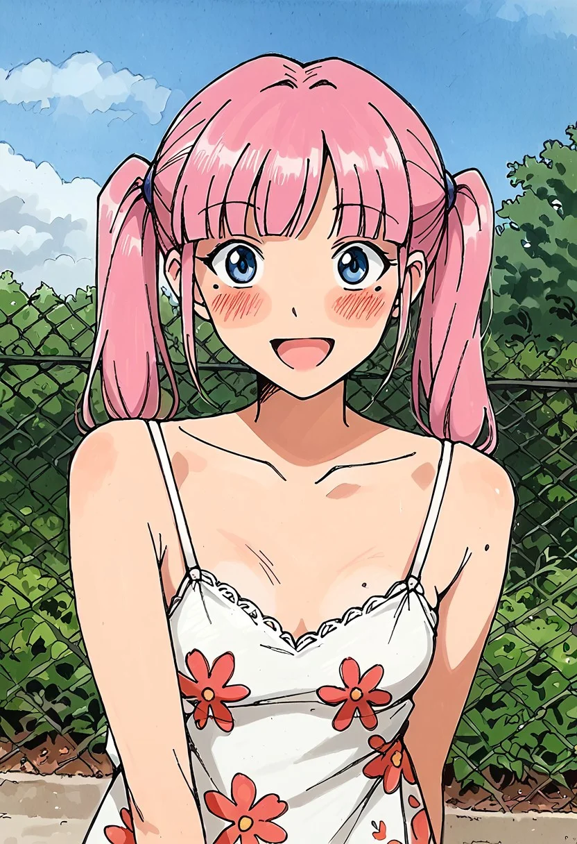 2d,traditional media,Bpb1,Source_cartoon,score_9, score_8_up, score_7_up, portrait, dutch angle, mole, twin tails,colored hair, bpb_kuma, small breasts, floral dress, short and petite, outdoors,happy,blushing, down blouse, blue eyes