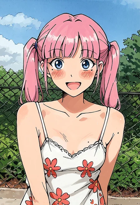 2d,traditional media,Bpb1,Source_cartoon,score_9, score_8_up, score_7_up, portrait, dutch angle, mole, twin tails,colored hair, bpb_kuma, small breasts, floral dress, short and petite, outdoors,happy,blushing, down blouse, blue eyes