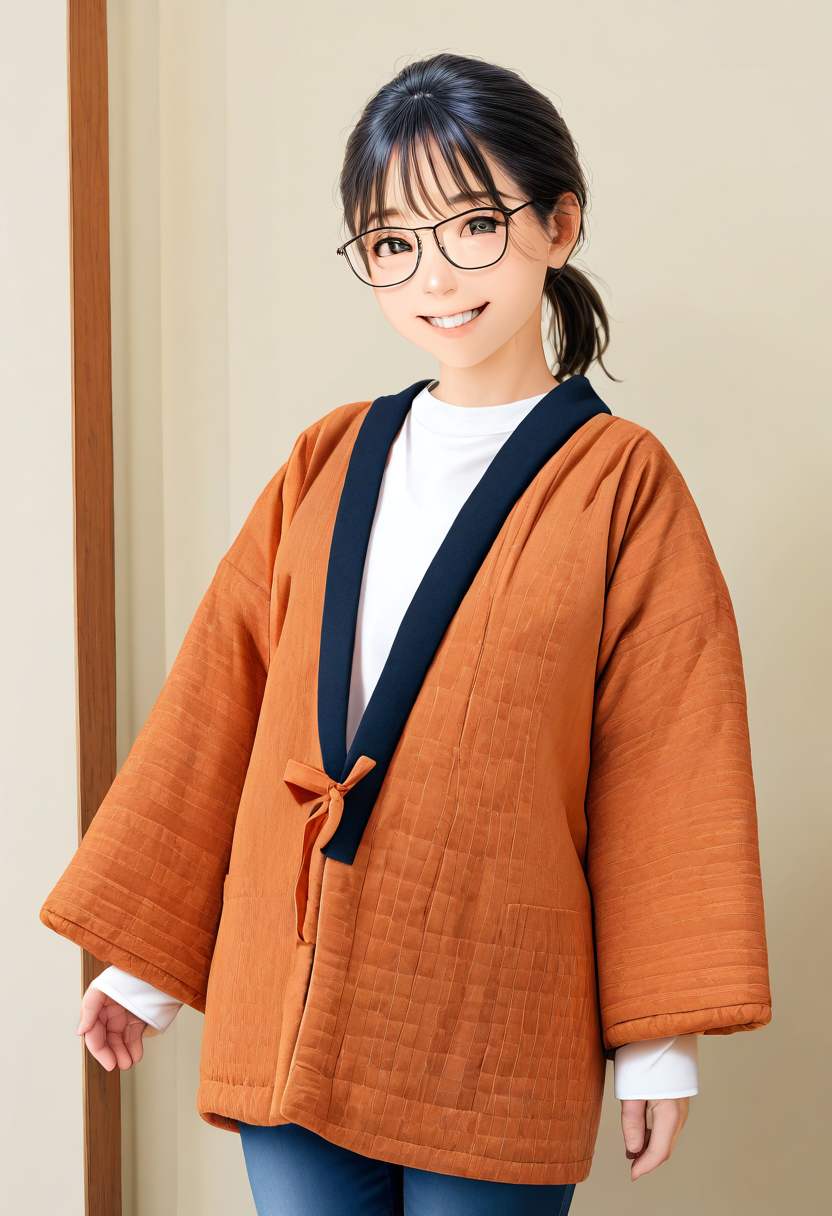 hanten, 1girl, solo, glasses, black hair, ponytail, white shirt, jeans, denim, standing, long sleeves, blue pants
, happy, smile, looking at viewer, upper body,
masterpiece, best quality, amazing quality, very aesthetic, absurdres,
 <lora:Clothing_hanten_illustrious_V1L_DIM4:0.8>