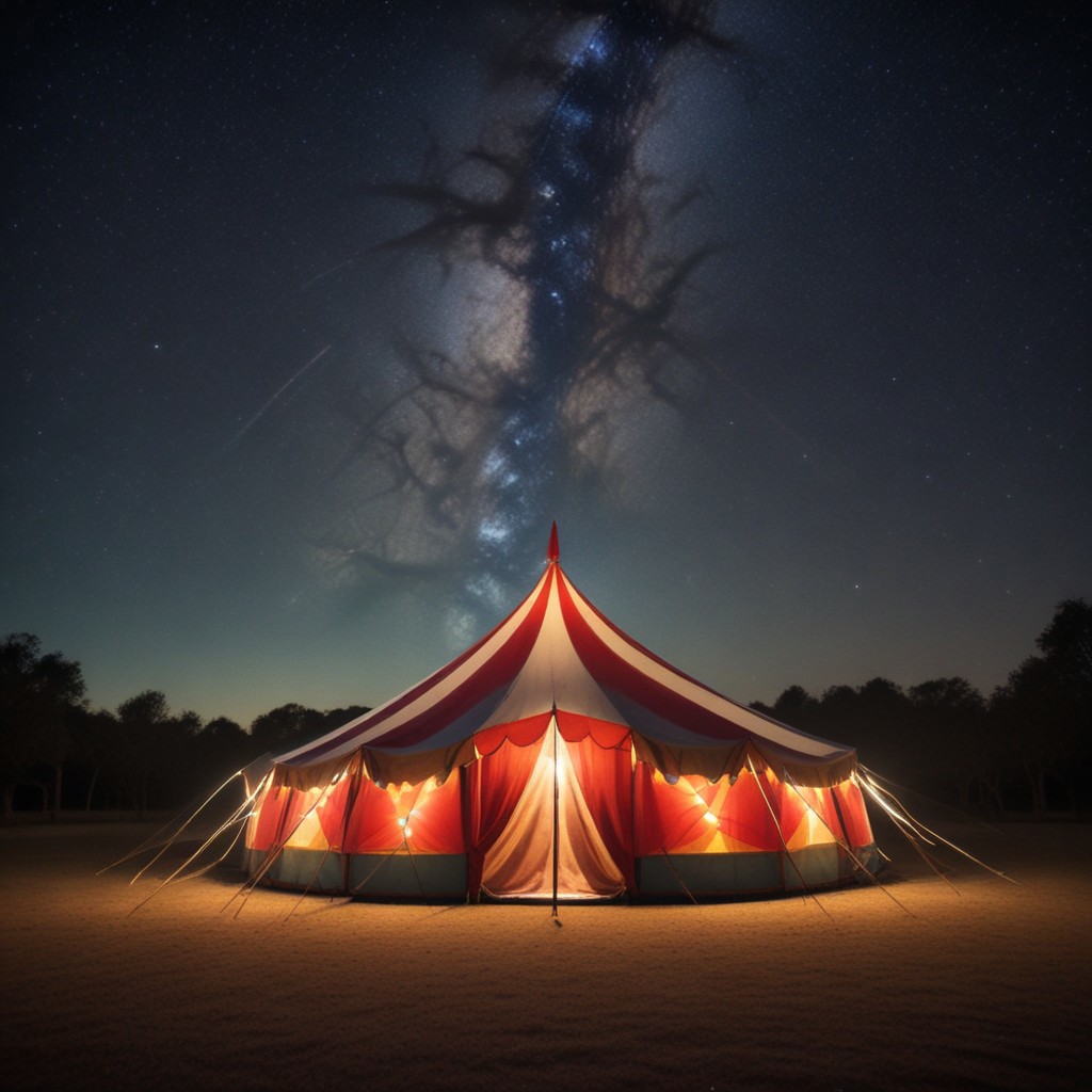 A circus tent photo, view of stars and swirling galaxies and light trails in the background gives a dreamy feel to this moment. BREAK, glow circuit patterns, style of Light painting