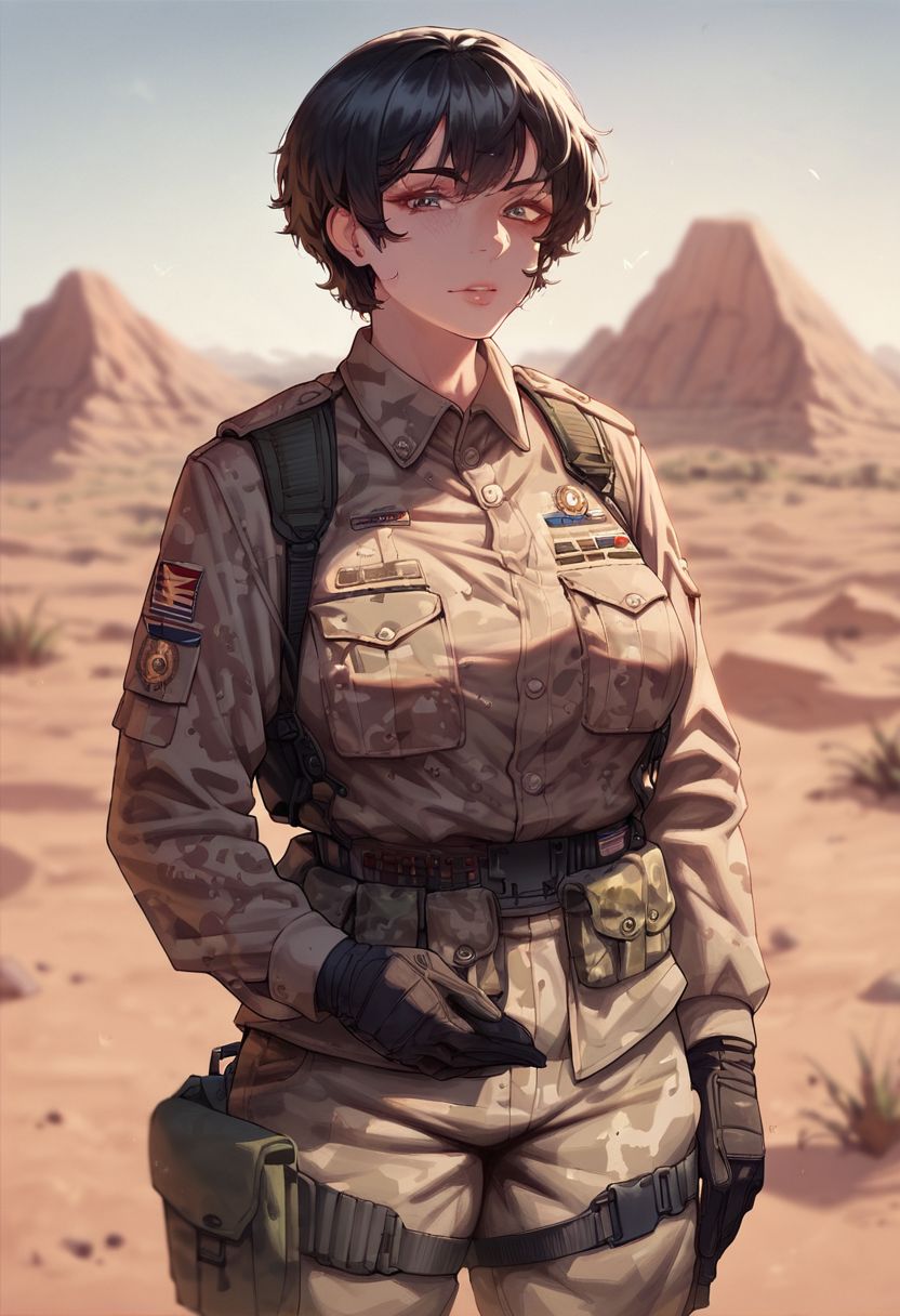 score_9, score_8_up, score_7_up, score_6_up, , mature military woman, looking at viewer,  short black hair, desert setting, detailed, desert camouflage uniform, detailed eyes, <lora:MochirangV1:1>