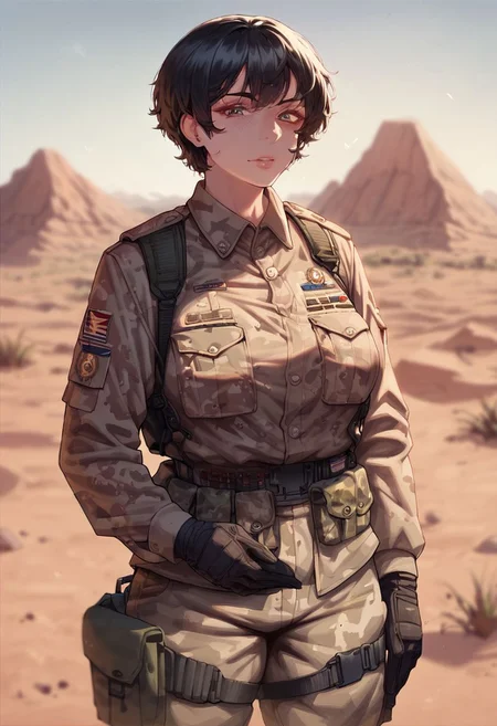 score_9, score_8_up, score_7_up, score_6_up, , mature military woman, looking at viewer, short black hair, desert setting, detailed, desert camouflage uniform, detailed eyes, <lora:MochirangV1:1>