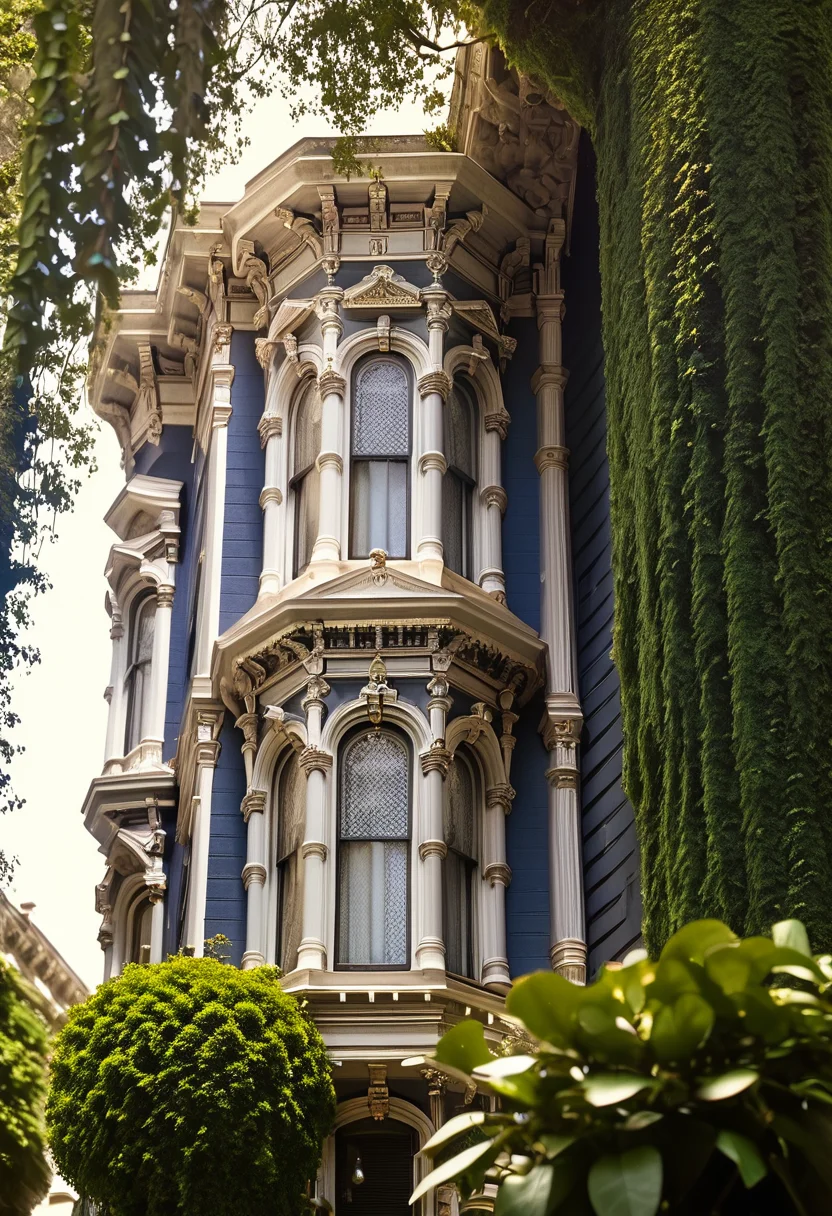 score_9,score_8_up,score_7_up, <lora:Victorian_house_pony_v2:1> v1ct0r14n, day, Italianate, 3story, tree, plant, bay windows, ornate, multicolor, blue siding, white trim, tall