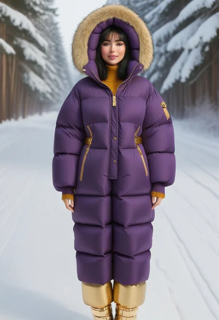 ((((puffer padded jacket)))), ((((puffer padded coat)))), ((((full body)))), ((((fur boots)))), ((((puffer pants)))), ((((puffer hood up)))), winter, snow, forest, 1girl, solo, (masterpiece), detailed face, detailed eyes, (beautiful detailed eyes:1.5), sidelighting, (super detail, hyper detail, intricate_details, detailed), (semi realistic:1.6), (Bob cut), blunt bangs,(black hair), (purple eyes, eyelashs), tanned skin, smug smile, angry face, Golden jewelery, golden rings, golden necklace, golden armlets, golden chains, padded cuffs, padded collar, Thick padded cuffs, Thick padded collar, <lora:Collar-SDXL:0.6>, <lora:Cuffs-SDXL:0.6>, <lora:Puffer_Jacket_and_Down_Jacket_-_Extra_Puffy_Jackets:0.4>, <lora:snowpants_v1:0.4>