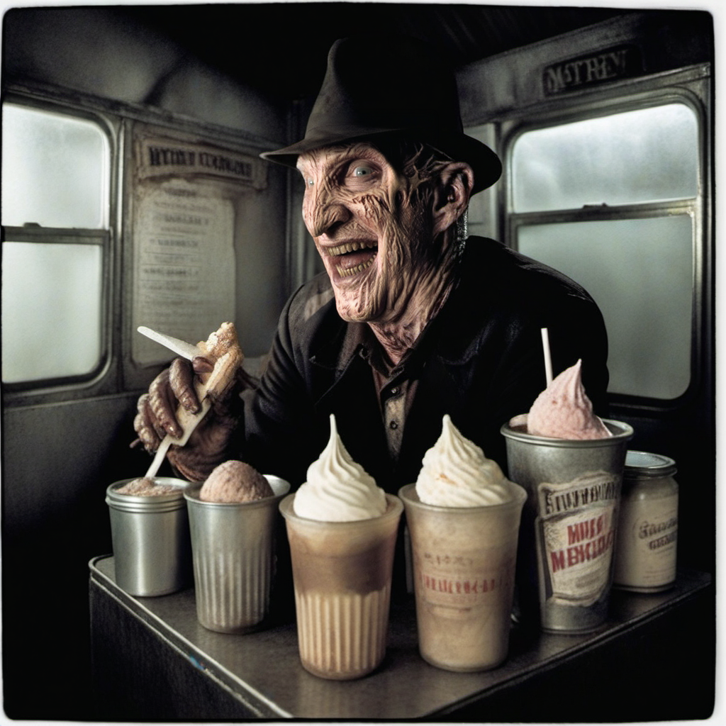 Horror-themed a man with a hat is a icecream-man in an icecreamtruck, smile <lora:FreddyKrueger1024:0.8> . Eerie, unsettling, dark, spooky, suspenseful, grim, highly detailed