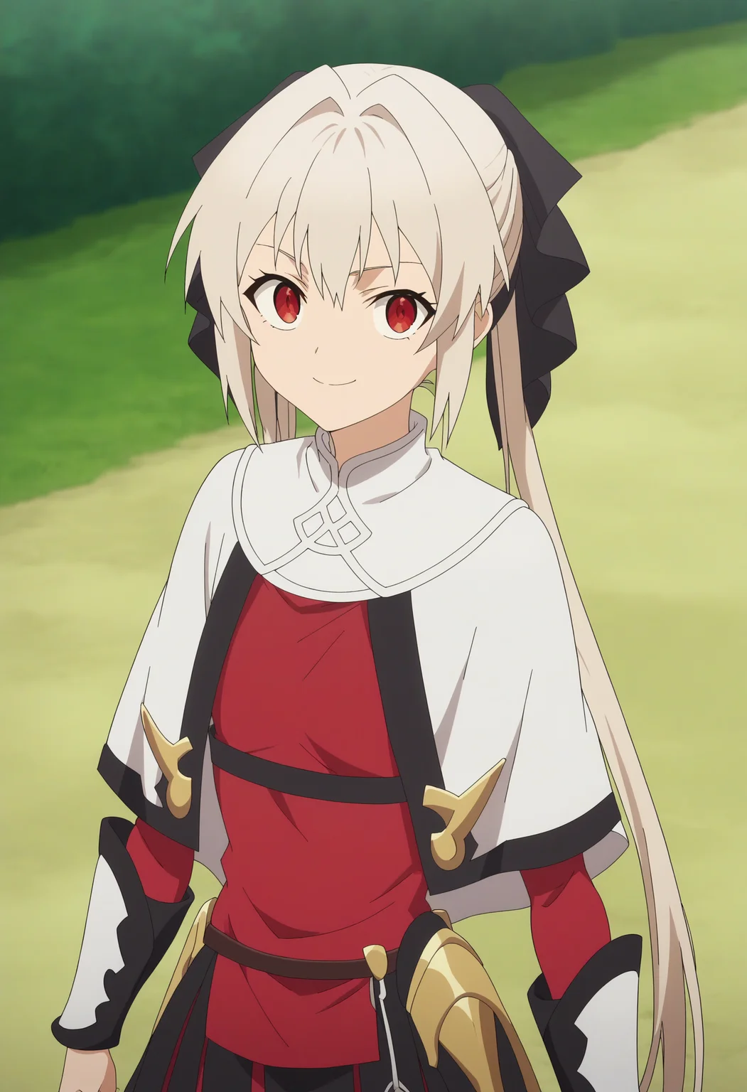 score_9, score_8_up, score_7_up, score_6_up, score_5_up, score_4_up , anime coloring ,BREAK source_anime, anime,screencap,
1girl, solo, lynneburg, bracers, hair ribbon, skirt,red shirt, white capelet, belt, <lora:PonyXL Parry Lynne:1>
outdoors, upper body,
smile, looking at viewer,