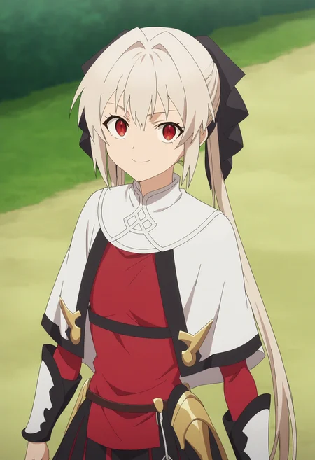 score_9, score_8_up, score_7_up, score_6_up, score_5_up, score_4_up , anime coloring ,BREAK source_anime, anime,screencap,
1girl, solo, lynneburg, bracers, hair ribbon, skirt,red shirt, white capelet, belt, <lora:PonyXL Parry Lynne:1>
outdoors, upper body,
smile, looking at viewer,