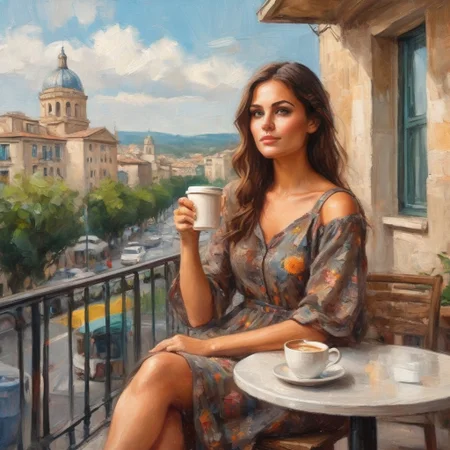 bichu,masterpiece,palette knife painting,oil painting,cinematic scene, 20 year old girl, sitting at outdoor cafe balcony, high rise city background, holding coffee cup pausing for a sip, sunshine lighting her face, relishing the aroma, focused placid expression, wearing stylish sundress, natural makeup look, intricate wood table details, compatibility and coziness, soft bokeh of traffic below, extremely detailed portrait, photorealistic materials, contentment during me-time, high resolution, shallow depth of field