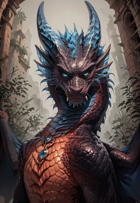 <lora:Male_Feral_Dragon_Concept_PonyXL:0.7>, western dragon, score_9, score_8_up, score_7_up, score_6_up, score_5_up, score_4_up, source_furry, Gem dragon, dnd, male, solo, Sapphire scales, black scales, Sapphire underbelly scales, standing, elegant pose, h0rns, ram horns, blue crystalized horns, malformed horns, bright turquoise eyes, detailed eyes, wings, slim shape, slim body, angry face, looking down at viewer, small Sapphire gem on head, ruins background, large dragon, black smoke effect