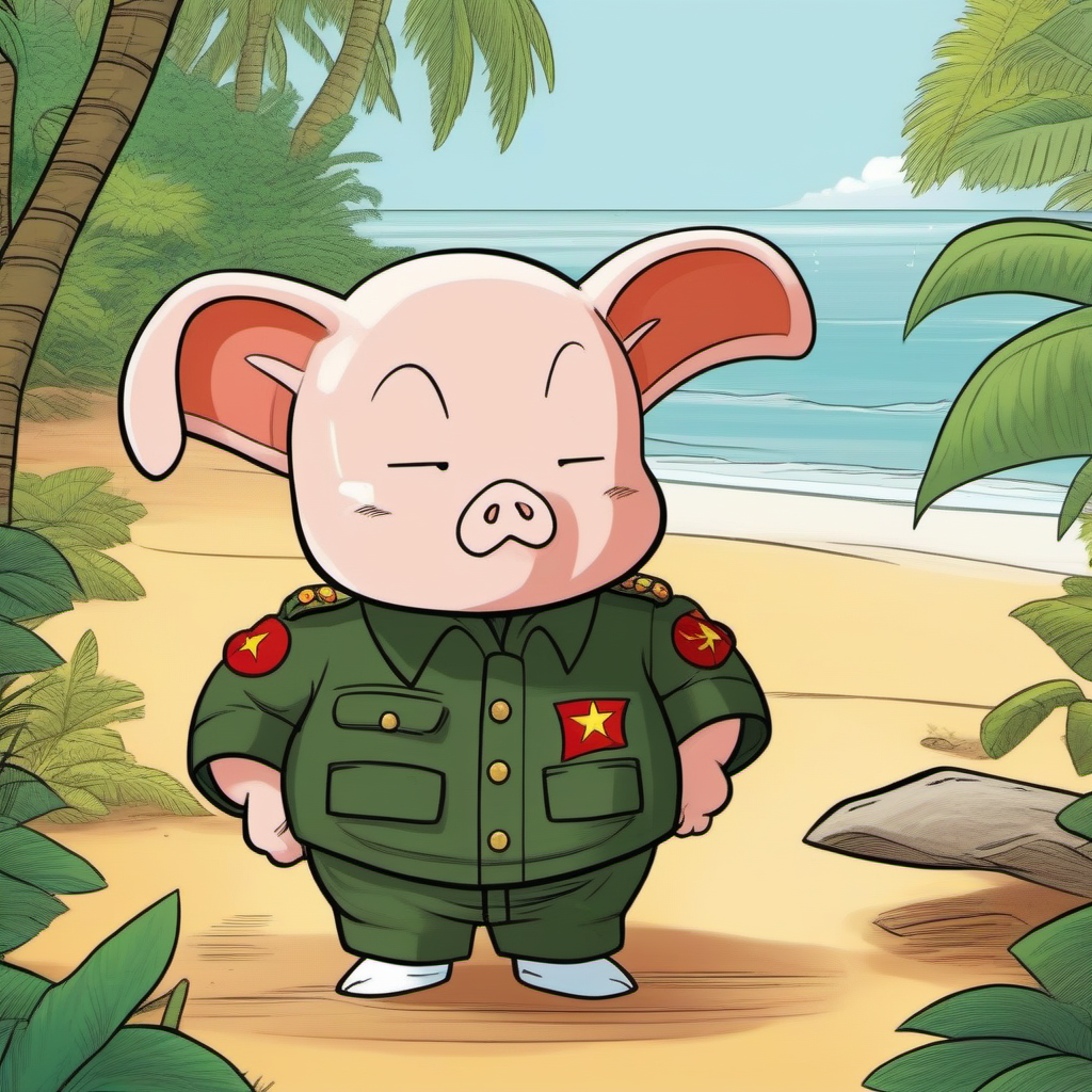 comic Oolong wears a chinese military unifor, beach, jungle <lora:Oolong1024-v2:0.8> . graphic illustration, comic art, graphic novel art, vibrant, highly detailed