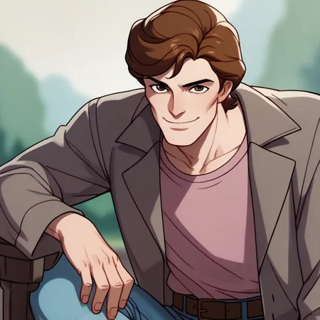 score_9, score_8_up, score_7_up BREAK PeterTAS, 1boy, brown hair, brown eyes, open gray jacket, pink tucked undershirt, brown belt, golden buckle, jeans, gray shoes, smiling at viewer,