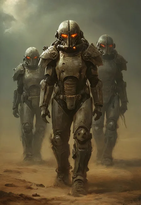 Four soldiers in power armor travelers in the post-apocalyptic desert,fallout universe,alienscape,glossy armor,intricate design,massive armor,corrupted neverland,dramatic sky, dust,wind, bleak,glow,flickering, dark art, dim light,strong single light beams reflects on their armor, somber, dramatic, detailed,science fiction,distopia,horror theme,futuristic, technology,atompunk,dying world of our hopes,poignant atmosphere,dramatic,thrilling,decay,best quality,masterpiece,dynamic composition,color contrast,primary colors,no gradients,close-up
