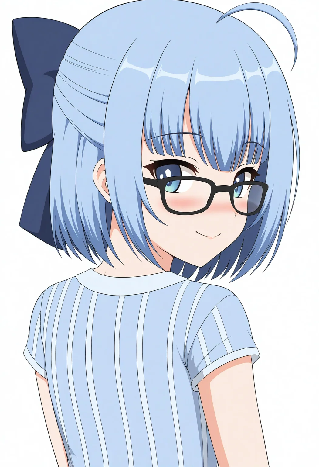masterpiece,best quality,<lora:jsk:0.8>,jskstyle, 1girl, virtual youtuber, solo, black-framed eyewear, glasses, shirt, white background, upper body, short hair, blue hair, bow, simple background, hair bow, short sleeves, blush, smile, ahoge, blue eyes, striped shirt, blue shirt, closed mouth, vertical-striped shirt, blue bow, bangs, striped, from behind, looking away