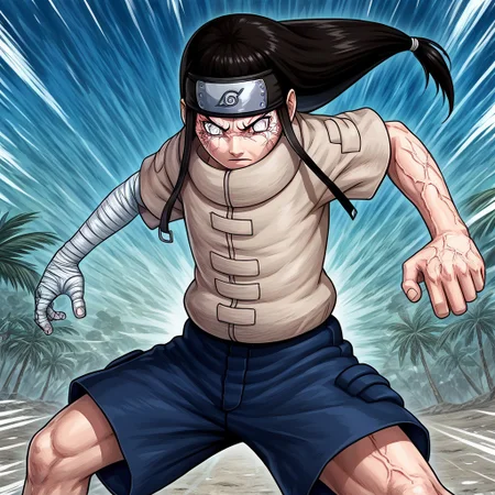 1boy, solo, masterpiece, Neji, Black Hair, Long Hair, Ponytail, No pupils, grey eyes, Beige shirt, shorts, forehead protector, bandaged arm, fighting stance, open palm, veins around eyes