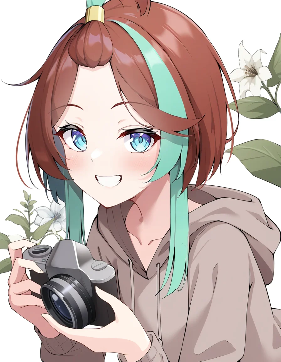 madotsukumo,white background,simple background,hoodie,leaning forward,leaf,flower,holding camera,o,wink,looking at viewer,
<lora:andi_noob:0.8>,andi,1girl,solo,multicolored hair,streaked hair,aqua hair,two-tone hair,sidelocks,brown hair,short hair,blue eyes,topknot,
masterpiece,best quality,very aesthetic,absurdres,