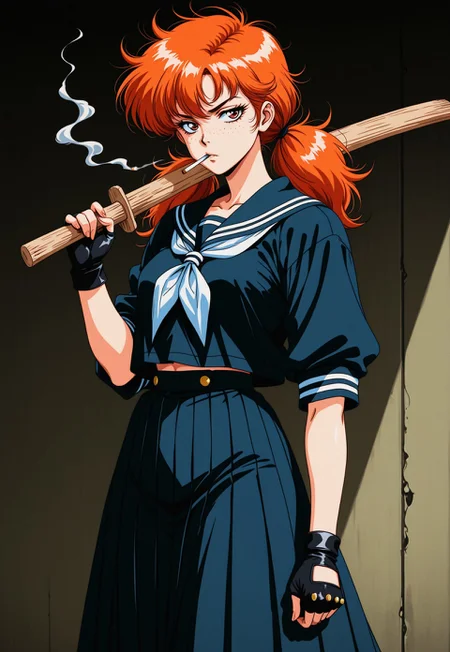anime coloring, detailed face, woman, solo, delinquent, messy hair, low twintails, bulky hair, sukeban clothes, redhead, orange hair, freckles, old schoolgirl clothes, long skirt, fingerless gloves, wooden sword, sword under the back, cigarette in mouth with smoke, retro artstyle,D4rkR3troSc1f1