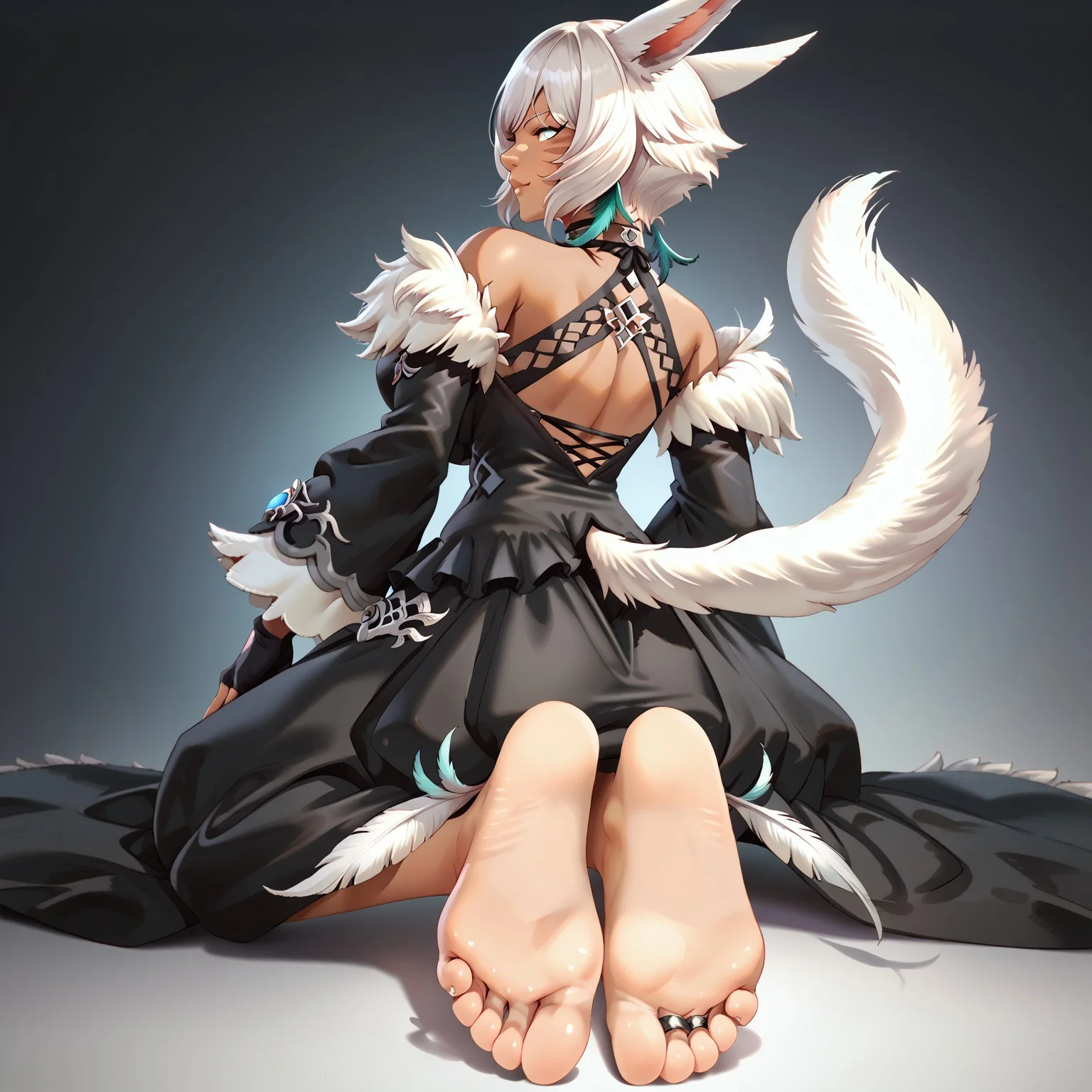 safe_pos, 1girl, solo, shtla, dark-skinned female, animal ears, tail, whisker markings, short hair, large breasts, grey eyes, white hair, shaOtft, feather earrings, feathers, brooch, black halterneck, black choker, black dress, long dress, fur-trimmed dress, wide sleeves, black gloves, partially fingerless gloves, claw ring, all fours, looking back, smug, barefoot, soles, rear view