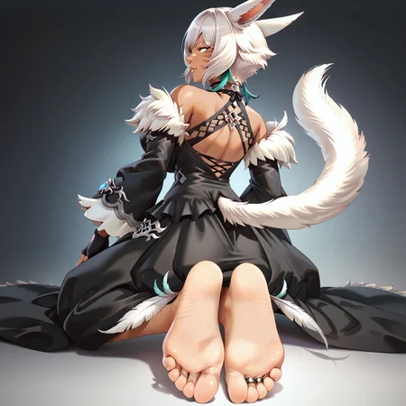 safe_pos, 1girl, solo, shtla, dark-skinned female, animal ears, tail, whisker markings, short hair, large breasts, grey eyes, white hair, shaOtft, feather earrings, feathers, brooch, black halterneck, black choker, black dress, long dress, fur-trimmed dress, wide sleeves, black gloves, partially fingerless gloves, claw ring, all fours, looking back, smug, barefoot, soles, rear view