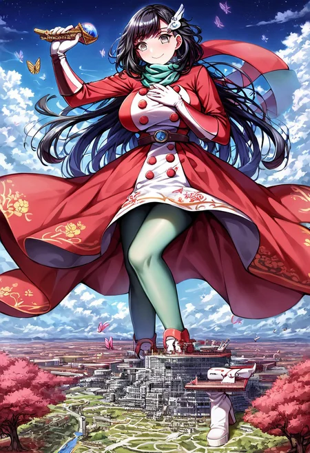 gorgeous lips, cinematic, (masterpiece), (best quality), (ultra-detailed), very aesthetic, perfect composition, intricate details, absurdres, detailed face, (anime, masterpiece, intricate:1.3), (best quality, hires textures, high detail:1.2), score_9, score_8_up, score_7_up, source_anime, 1girl, scselene, black hair, long hair, bangs, grey eyes, eyelashes, hair ornament, scarf, dress, red dress, long sleeves, buttons, gloves, white gloves, belt, pantyhose, green pantyhose, boots, white footwear, butterflies, jyojifuku, china dress, skirt, floral patterns, heels, alternate_costume, big breasts, facial expression, kind, soft eyes, head tilt, slightly smiling, closed mouth, hand on breasts, breasts covered, goddess, planet size, giantess, enormous body, growing even bigger, towering over cities, small planet, sitting on city, floating object, gradient eyes, beautiful detailed eyes, Chinatown background, Chinatown landscape, Chinatown, temples, outdoors, cherry blossom forest, small lakes, holding planet, (masterpiece:1.4), (best quality:1.4), (ultra-detailed:1.2), gl0w, glow,