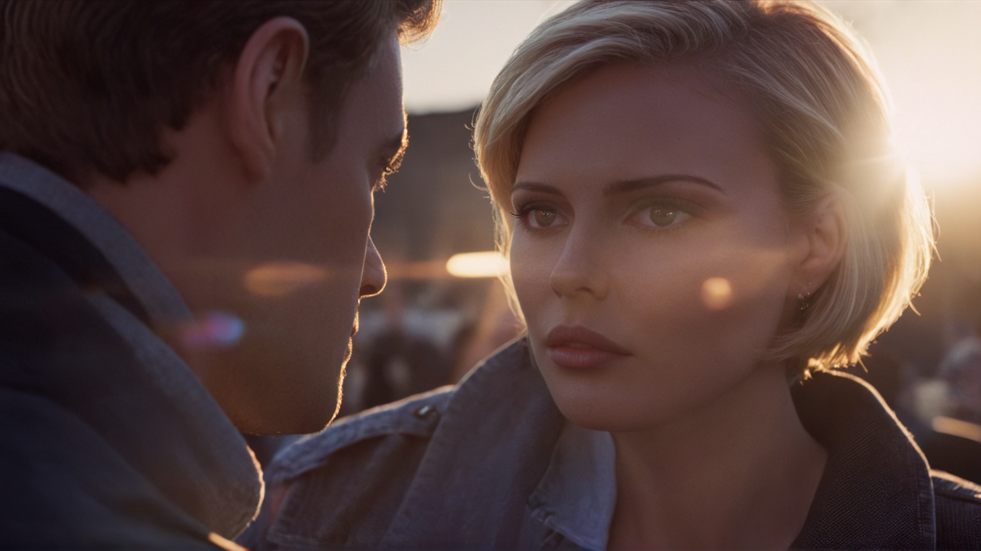 cinematic film still of <lora:add-detail-xl:0.1>1
<lora:detailed:0.2>
<lora:perfection style:0.2>
<lora:eyetune:0.5>
<lora:xl_more_art-full_v1:0.3>
<lora:Ron Fricke style:0.3>
<lora:Unreal Engine style:0.2>
<lora:TeethXL:1>
<lora:Chiaroscuro Lighting Style:0.3>
 <lora: lens flare reflection style:0.9>
Anamorphic lens flare reflection a man is looking at a woman's face,solo,short hair,blonde hair,1boy,male focus,from side,sunlight,backlighting ,movie themed, sharp, detailed, epic cinematic photography, artistic, dramatic light, cinematic color style, Kodak film style, lens flare reflection style, shallow depth of field, vignette, highly detailed, high budget, bokeh, cinemascope, moody, epic, gorgeous, film grain, grainy