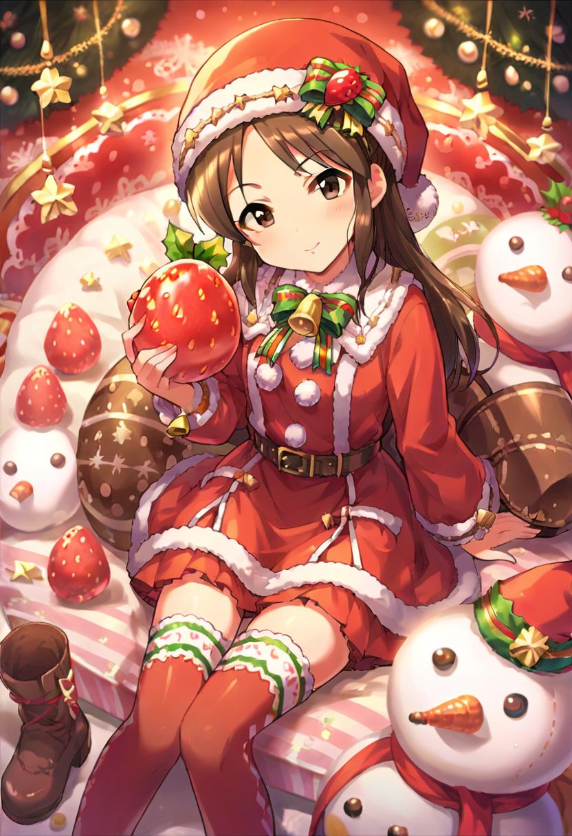 score_9, score_8_up, score_7_up, source_anime,tachibana arisu, brown eyes, brown hair, long hair, 1girl, hat, merry christmas, solo, strawberry, thighhighs, fruit, santa hat, food, christmas, snowman, bell