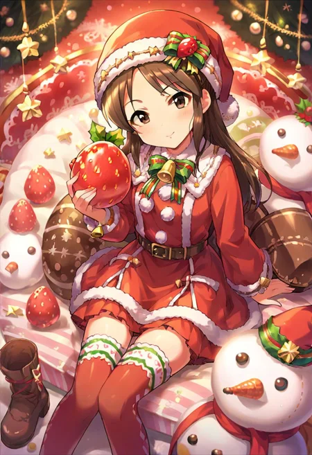 score_9, score_8_up, score_7_up, source_anime,tachibana arisu, brown eyes, brown hair, long hair, 1girl, hat, merry christmas, solo, strawberry, thighhighs, fruit, santa hat, food, christmas, snowman, bell