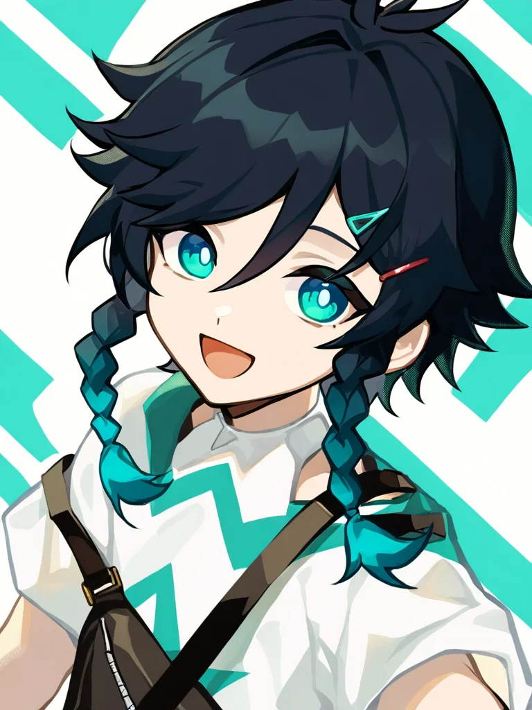 1boy,male focus,,short sleeves,bag,venti \(genshin impact\),:d,socks,black hair,shoulder bag,hair between eyes,hairclip,looking at viewer,detached sleeves,bangs,striped,shirt,close up,portrait,<lora:xnh-000027:1>, masterpiece, best quality, very aesthetic, absurdres