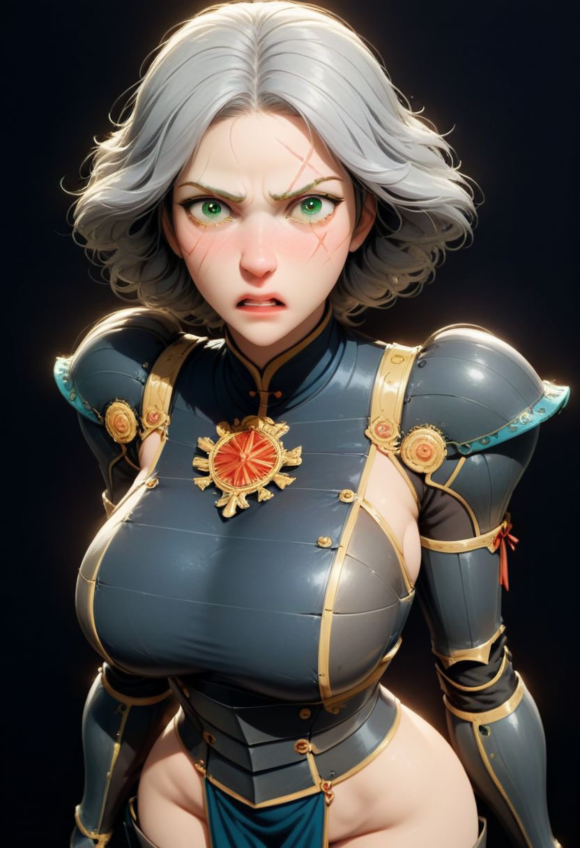 score_9, score_8_up, score_7_up, score_6_up, score_5_up, score_4_up, pureerosface_v1, (masterpiece,best quality,ultra-detailed:1.6) , verybadimagenegative_v1.3, upscaled, beautiful eyes, high resolution, <lora:princess_xl_v2:0.7>, thepit style, conceptart, white background, simple background, lin beifong, black armor, (skimpy armor), (sexy), (looking at viewer), (big breasts), grey hair, (shy pose), (green eyes), (scar), short hair, (thigh highs), (boots), (angry), gritting teeth), (full body), (good lighting),