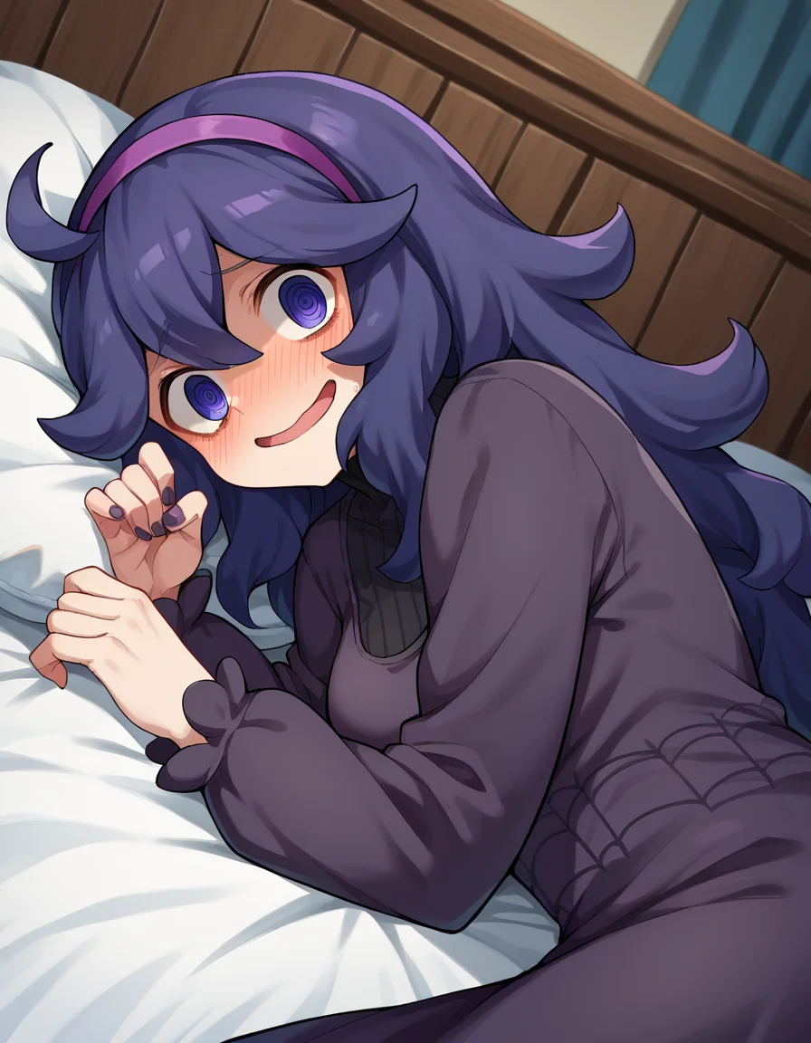 score_9, score_8_up, score_7_up, source_anime,
hexmaniac, <lora:hex-maniac-ponyxl-lora-nochekaiser:1>
hex maniac, hairband, messy hair, purple eyes, purple hair, purple hairband, @ @,
black dress, dress, long dress, long sleeves, juliet sleeves,
indoors, bed, bed room, on side, blush, drunk,
looking at viewer, cowboy shot, dutch angle,