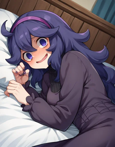 score_9, score_8_up, score_7_up, source_anime,
hexmaniac, <lora:hex-maniac-ponyxl-lora-nochekaiser:1>
hex maniac, hairband, messy hair, purple eyes, purple hair, purple hairband, @ @,
black dress, dress, long dress, long sleeves, juliet sleeves,
indoors, bed, bed room, on side, blush, drunk,
looking at viewer, cowboy shot, dutch angle,