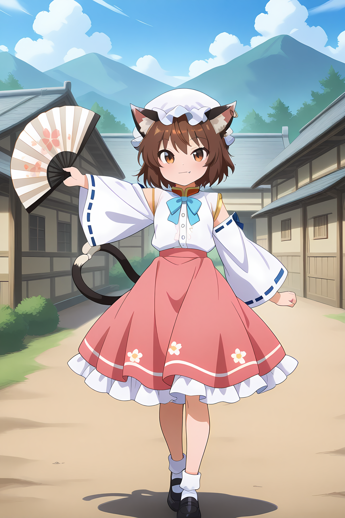 absurdres, highres, masterpiece, best quality, amazing quality, official anime artwork, screencap, anime screencap, village, outdoors, light smile, dynamic pose, 
<lora:Chen_Illustrious:1> chen, 1girl, solo, brown hair, short hair, brown eyes, cat tail, two tails, cat ears, fang,, 
chen \(stretching white cat\), alternate costume, alternate colour, black footwear, folding fan, holding fan, long sleeves, white shirt, white mob cap, pink skirt, flowers print skirt, ribbon-trimmed sleeves, ribbon trim, wide sleeves, blue ribbon trim,