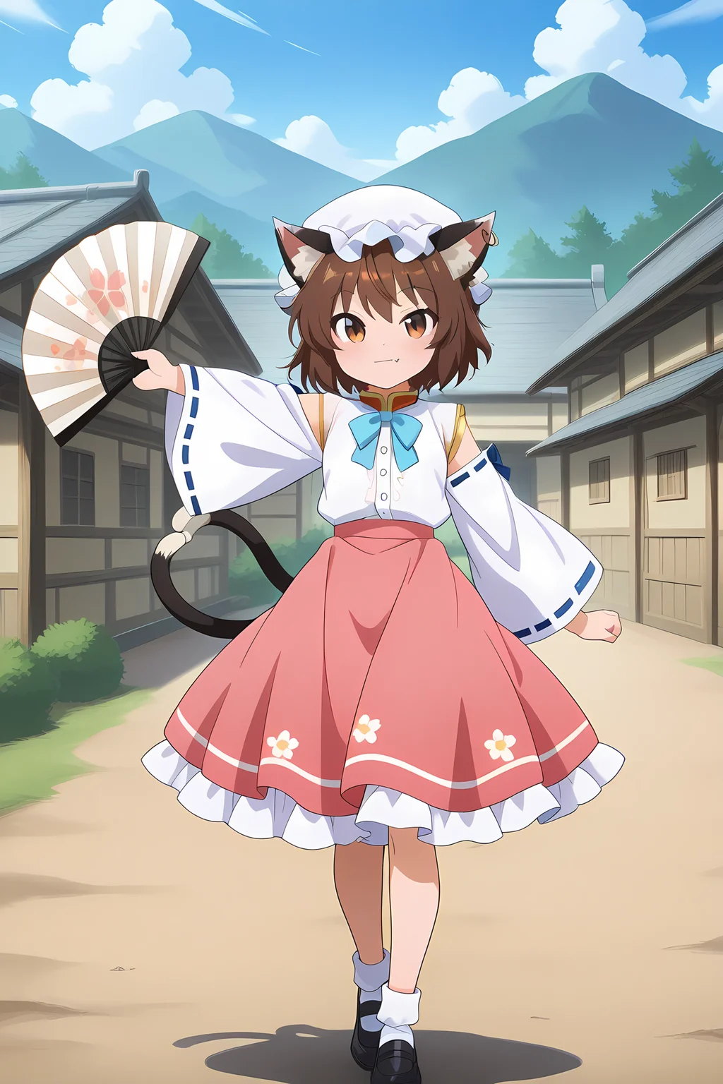 absurdres, highres, masterpiece, best quality, amazing quality, official anime artwork, screencap, anime screencap, village, outdoors, light smile, dynamic pose,
<lora:Chen_Illustrious:1> chen, 1girl, solo, brown hair, short hair, brown eyes, cat tail, two tails, cat ears, fang,,
chen \(stretching white cat\), alternate costume, alternate colour, black footwear, folding fan, holding fan, long sleeves, white shirt, white mob cap, pink skirt, flowers print skirt, ribbon-trimmed sleeves, ribbon trim, wide sleeves, blue ribbon trim,