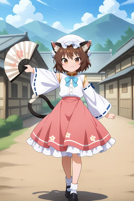 absurdres, highres, masterpiece, best quality, amazing quality, official anime artwork, screencap, anime screencap, village, outdoors, light smile, dynamic pose,
<lora:Chen_Illustrious:1> chen, 1girl, solo, brown hair, short hair, brown eyes, cat tail, two tails, cat ears, fang,,
chen \(stretching white cat\), alternate costume, alternate colour, black footwear, folding fan, holding fan, long sleeves, white shirt, white mob cap, pink skirt, flowers print skirt, ribbon-trimmed sleeves, ribbon trim, wide sleeves, blue ribbon trim,