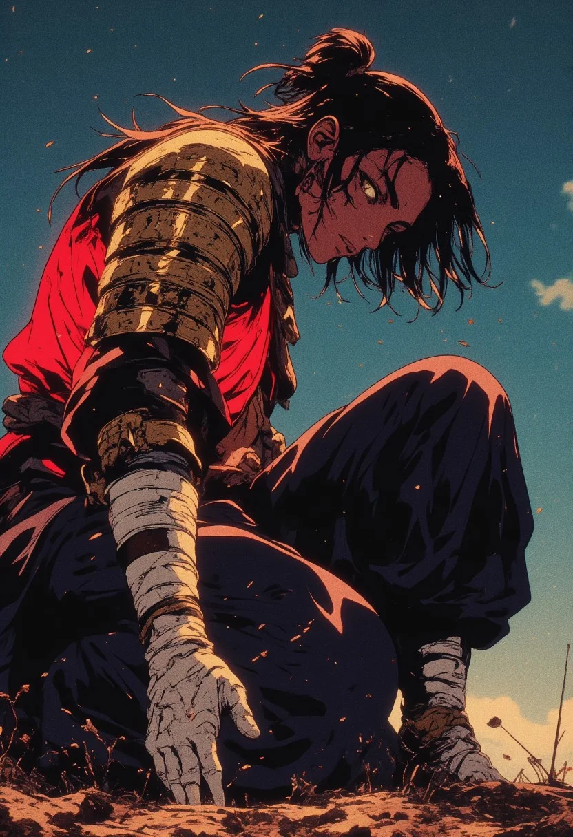 fantasy stylised illustration, anime style, cinematic, full body shot, close up, dynamic pose, perfect composition, covered in shadows shinobi in a dark clothes, feudal Japanese background, (kneeling in the dirt, mud, touching the ground with her hand), midnight, starry skies, baggy clothes moving on the wind, bright glowing gold pauldron striped through the whole body, huge glowing red waist, long fark gloves, white bandages on hands, eyes closed, looking down, expressionism, stature is agile and very graceful, woman, incredible, style of Edwin Austin Abbey, ne0nfant4sy,